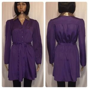 Women's Tie Front Button Down Dress Purple Gold